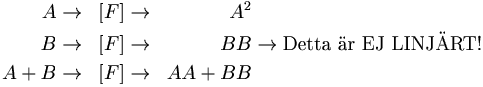 
\begin{align}
A   & \to & [F] & \to & A^2 & \\
B   & \to & [F] & \to & BB   & \to \mbox{Detta är EJ LINJÄRT!} \\
A+B & \to & [F] & \to & AA+BB &
\end{align}
