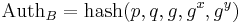 \mbox{Auth}_B = \operatorname{hash}(p, q, g, g^x,
g^y)