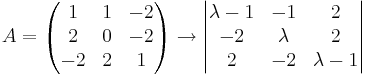 A = 
\begin{pmatrix}
1 & 1 & -2 \\
2 & 0 & -2 \\
-2 & 2 & 1
\end{pmatrix}
\to
\begin{vmatrix}
\lambda -1 & -1 & 2 \\
-2 & \lambda & 2 \\
2 & -2 & \lambda -1
\end{vmatrix}
