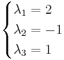 
\begin{cases}
\lambda_1 = 2 \\
\lambda_2 = -1 \\
\lambda_3 = 1
\end{cases}
