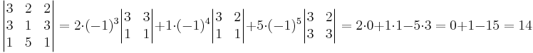 \begin{vmatrix}
3 & 2 & 2 \\
3 & 1 & 3 \\
1 & 5 & 1
\end{vmatrix}
= 2 \cdot (-1)^3 \begin{vmatrix}
3 & 3 \\
1 & 1
\end{vmatrix}
+ 1 \cdot (-1)^4 \begin{vmatrix}
3 & 2 \\
1 & 1
\end{vmatrix}
+ 5 \cdot (-1)^5 \begin{vmatrix}
3 & 2 \\
3 & 3
\end{vmatrix}
= 2 \cdot 0 + 1 \cdot 1 - 5 \cdot 3 = 0 + 1 -15 = 14

