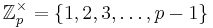 \mathbb{Z}^\times_p = \{ 1, 2, 3, \ldots,
p-1 \}